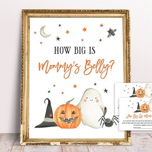 Chá de bebê de Halloween, Dia das Bruxas Qual é o tamanho do cartão de sinalização da barriga da mamãe, Decoração de chá de bebê para impressão, Chá de bebê de Halloween, Little Boo is Due