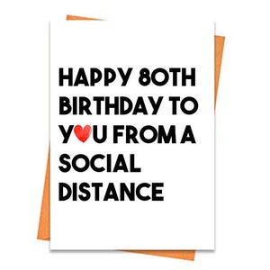 Tarjeta de cumpleaños divertida, tarjeta de cumpleaños número 80 imprimible, tarjeta de felicitación temática, para un amigo, feliz cumpleaños desde una tarjeta de distancia social imprimible