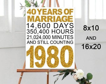Könnte beinhalten: Ein weißes Leinwand-Schild mit goldfarbenem Glitzertext, das 40 Jahre Ehe feiert. Das Schild lautet "40 Years of Marriage 14,600 Days 350,400 Hours 21,024,000 Minutes And Still Counting 1980". Das Schild steht auf einem Staffelei und ist in den Größen 8x10 und 16x20 erhältlich.