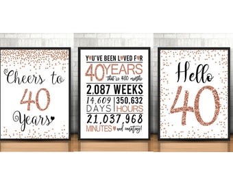 40th Birthday Signs Bundle, Cheers to 40 Years, Hello 40, Happy 40th Birthday, Rose Gold 40th Birthday Signs, 40th Anniversary Signs Pack