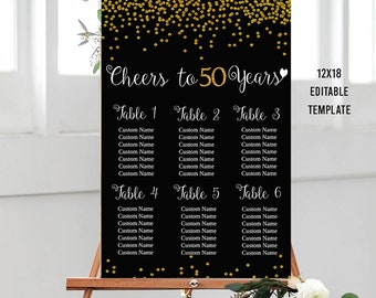 EDITABLE 50th Birthday Seating Chart, Printable Gold Seating Chart, Gold Party Sign, 50th Birthday Decoration, 50th Birthday Template 12x18