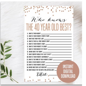 Rose Gold 40. Geburtstag Spiel, druckbar, 40. Geburtstag Party Aktivität, 40. Party Spiel, 40. Geburtstag Quiz, Wer kennt den 40 jährigen am besten