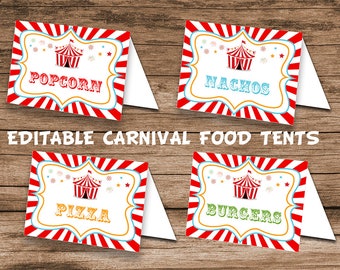 Editable Carnival Food Tent, Printable, Circus Tent Template, Circus Birthday Decoration, Instant Carnival Party Decor,, Carnival Signs