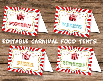 May include: Four printable carnival food tent cards with red and white striped backgrounds. Each card features a cartoon circus tent and the words "Popcorn", "Nachos", "Pizza", and "Burgers".