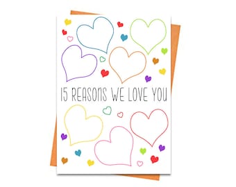 15-årsdagskort, utskrivbart födelsedagskort, utskrivbara 15-årsdagskort, gratulationskort, regnbågsfärgad 15-årsdag, 15 anledningar till att vi älskar dig-kort