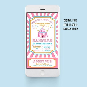 Op de afbeelding: Een digitale uitnodiging voor een verjaardagsfeest in roze en wit gestreept ontwerp. De uitnodiging toont een circustent met roze en witte strepen. De tekst op de uitnodiging luidt "Kom allemaal naar de grootste verjaardag op aarde". De uitnodiging bevat ook de naam "Barbara" en de tekst "Wordt Vier". De datum en tijd van het feest zijn aangegeven als "Zaterdag 18 augustus, 14:00-18:00 uur". De RSVP-informatie is ook inbegrepen. De uitnodiging is ontworpen om te worden bewerkt in Corjl.