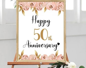Gold Happy 50th Anniversary, Cheers to 50 Years, 50th Wedding Anniversary, Gold Floral Anniversary Party Decoration, Milestone Birthday