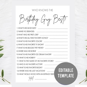 Modificabile Quanto conosci il festeggiato, Chi conosce il modello migliore del festeggiato, Quiz di compleanno, Gioco per feste di compleanno del ragazzo, Minimalista