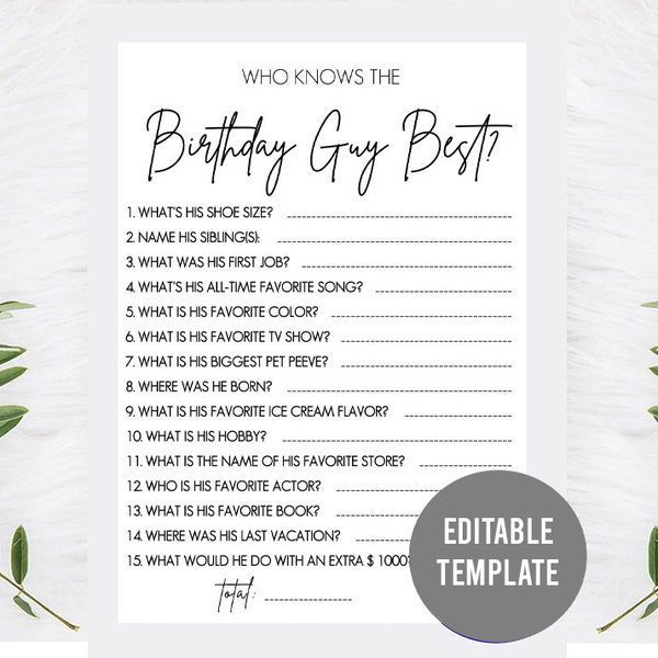 Editable How well do you know the birthday guy, Who knows the birthday guy best template, Birthday Quiz, Boy Bday party game, Minimalist