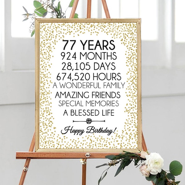 Gold 77th Birthday Sign, Printable, 77th Birthday Gift, Gold Birthday Party Decoration, 8x10, 16x20, last minute birthday gift, Gold 77th