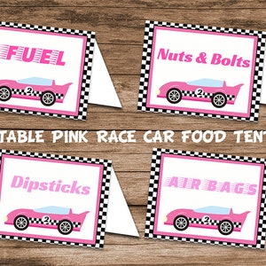 Rosa Prinable Rennwagen Partyzelt Karte, bearbeitbare rosa Rennfahrer Geburtstag Tischkarte Zelt, bearbeitbare rosa Rennauto, Mädchen Auto Geburtstag