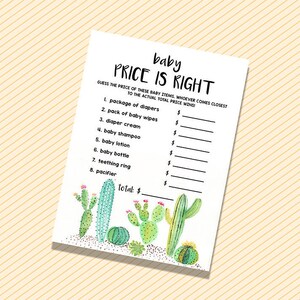 Jogos de chá de bebê, o preço é justo, jogo de chá de bebê Fiesta para impressão, preço certo para bebê suculento, chá de bebê Cactus Boho, jogo de preço