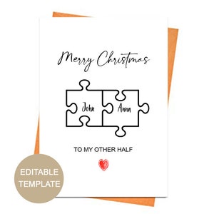 Cartão de Natal editável para cônjuge, esposa, marido, cartão de Natal para parceiro, modelo de cartão de Natal, cartão quebra-cabeça, cartão para ela, cartão para ele