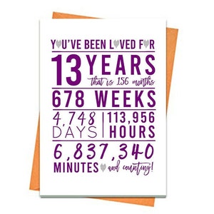Carte de 13e anniversaire, carte d'anniversaire imprimable, 13e anniversaire imprimables, cartes de voeux imprimables, violet et argent 13e anniversaire, carte coeur