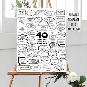 Puede incluir: Un póster imprimible en blanco y negro con 40 razones por las que te queremos en bocadillos de diálogo. El póster mide 8x10 y 16x20 pulgadas. Es una plantilla editable.