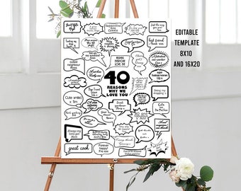 Editable 40 Reasons Why, Things We Love About You, 40th Birthday Gift Poster Personalised Digital Print Template Milestone Speech Bubble