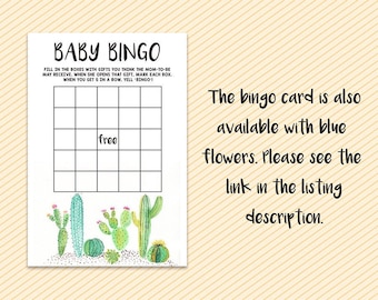 Puede incluir: Una tarjeta de bingo de bebé imprimible con temática de cactus. La tarjeta tiene una cuadrícula de 5x5 con espacios para regalos. La casilla central dice "gratis".