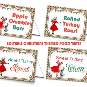 Editable Christmas Food Tent, Printable, Retro Christmas Template, 50s Christmas Birthday Decor, 60s Christmas Party Decor, Christmas Signs