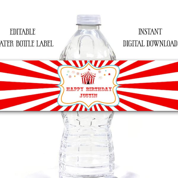 Circus Birthday Party Water Bottle Label, EDITABLE Carnival Water bottle labels, Digital, Circus Template, Carnival Editable Tags, Red