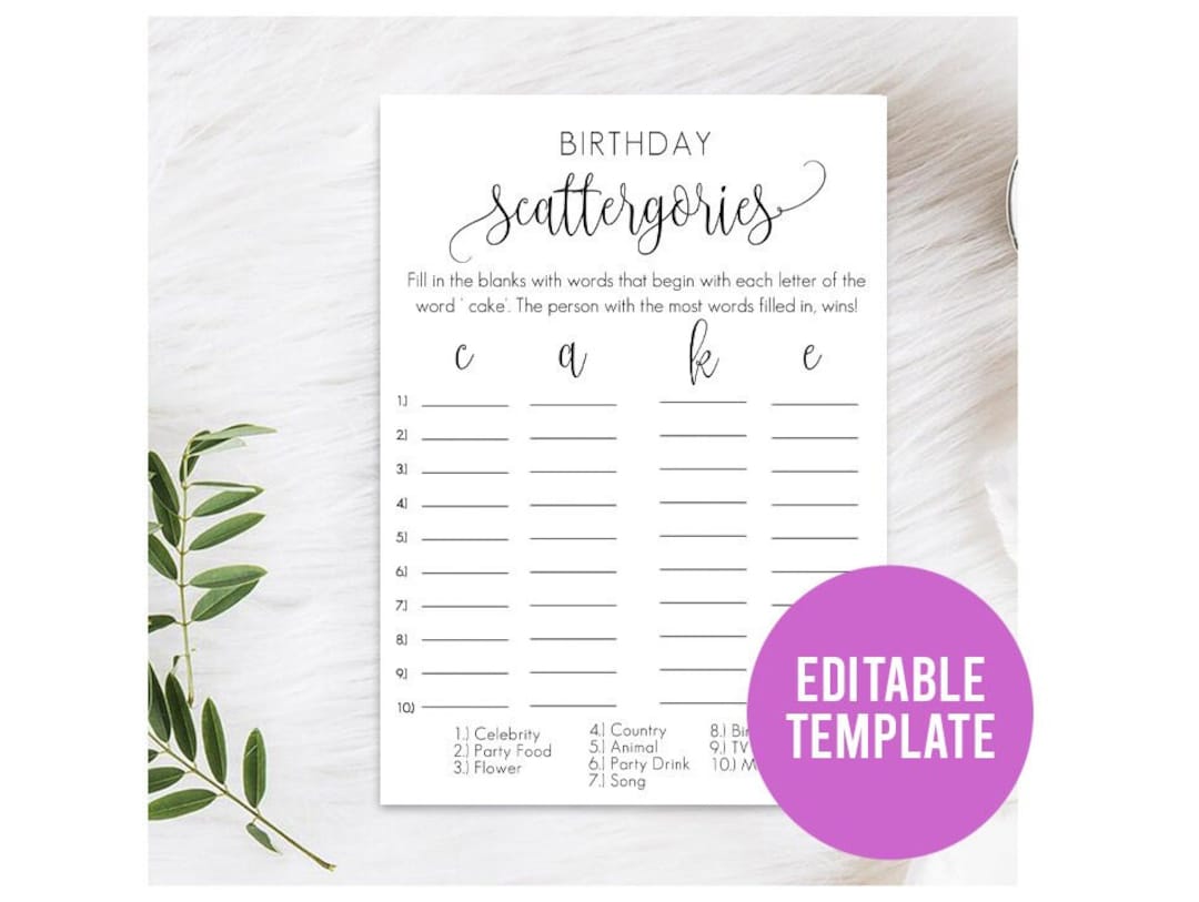 Birthday Scattergories Template, Editable Birthday Scattergories ...