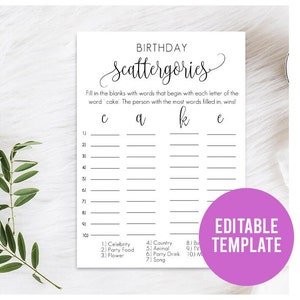 Geburtstag Scattergories Vorlage, bearbeitbare Geburtstag Scattergories, Geburtstagsspiel, Mädchen Geburtstagsparty Spiel, Aktivität, Rustikales Geburtstagsspiel