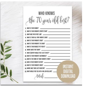 70th Birthday Who Knows, Minimalist Birthday Games, Printable, 70th Birthday Party Activity, Gift Party Game, 70th Birthday Trivia, How Well