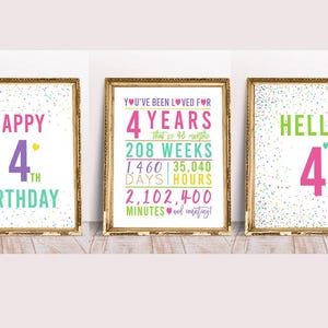 4th Birthday Signs Bundle, Cheers to 4 Years, Happy 4th Birthday, Hello 4, Pastel Birthday Decoration, Pastel 4th Birthday Signs, 4th signs