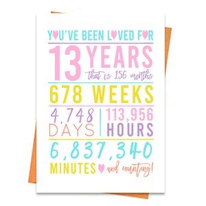 Tarjeta de cumpleaños 13 pastel, tarjeta de cumpleaños imprimible, imprimibles de cumpleaños 13, imprimibles de tarjetas de felicitación, cumpleaños 13, tarjeta 13 colorida