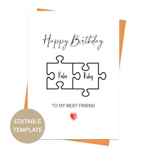 Editable Birthday Card for Best Friend, Birthday Card for Bestie, Friend Birthday Card Template, Jigsaw card for him her, Birthday Gift