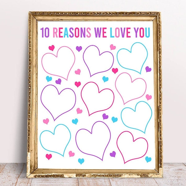 10 Reasons We Love You, 8x10, 11x14, 16x20, Birthday Gift For Her, Pink, Purple, Blue 10th birthday gift, printable 10 reasons, Hearts Sign