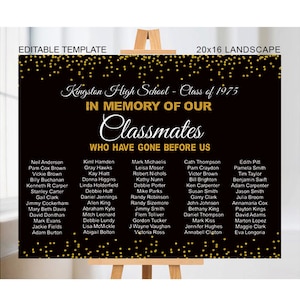 Editable In Memory Sign for Class Reunion, Reunion memorial classmates sign, Gold Reunion decor, High school reunion decor College reunion