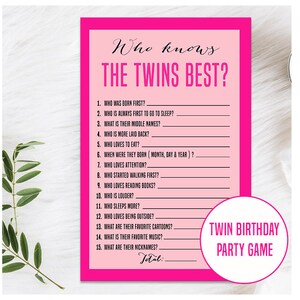 Jeu de fête d'anniversaire de jumeaux roses, qui connaît les meilleurs jumeaux, jeux de fête d'anniversaire de jumeaux, carte de jeu d'anniversaire bleue, téléchargement imprimable de jumeaux