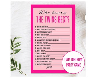 Pink Twin Birthday Party Game, Who Knows the Twins Best Game, Twin Birthday Party Games , Blue Birthday Game Card, Twins Printable Download