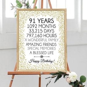 Happy 91st Birthday, Printable, 8x10, 16x20, Cheers to 91 Years, 91st Birthday Sign, Gold confetti Birthday Party Decor, 91st Birthday décor