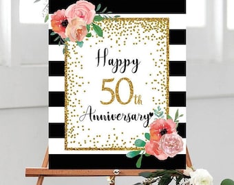 Happy 50th Anniversary, Cheers to 50 Years, 50 thWedding Anniversary, Gold Floral Anniversary Party Decoration, Anniversary decor, floral 50
