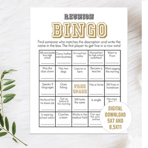 Juego de bingo de reunión de la escuela secundaria, 5x7, 8x10, imprimible, bingo de reunión de clase dorada y negra, ideas de reunión, rompehielos, actividad, cualquier año