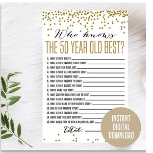 Gold 50th Birthday Game, Printable, 50th Birthday Party Activity, 50th Party Game, 50th Birthday Trivia, Who Knows the 50 Year Old Best Game