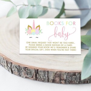 Carte de demande de livre, carte de demande de livre de licorne, douche de bébé de licorne, apportez un livre, livres pour l'insertion de bébé, insertion de demande de livre d'or