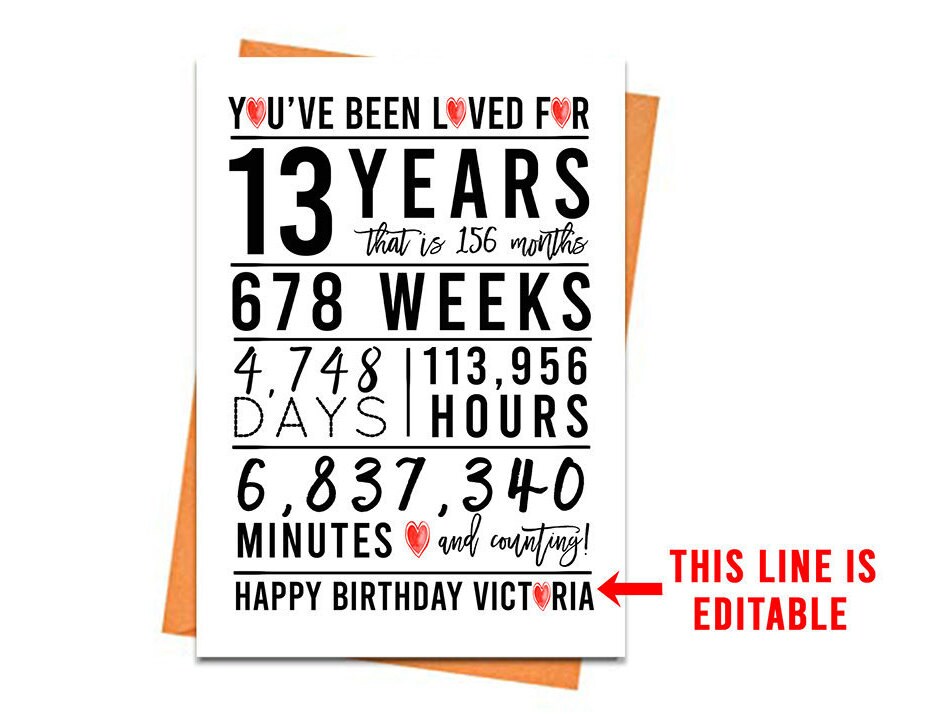 editable 13th birthday card printable birthday card 13th etsy