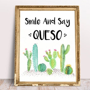 May include: A white framed print with the text "Smile And Say = QUESO =" in black. The print features a watercolor illustration of cacti in shades of green, pink, and yellow.