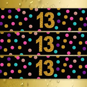 13th Birthday Water Bottle Labels, 13th Birthday Decoration, Cheers to 13 Years, Gold 13th Birthday Signs, 13th anniversary labels, digital