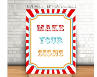 Editable Carnival Party Sign, 8,5x11, Printable Circus Welcome Sign, Carnival Birthday Template, Custom Circus Party Sign, Red White Stripy