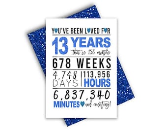 Blue 13th Birthday Card, Printable Birthday Card, 13th Birthday Printables, Greeting card printables, blue 13th birthday, 13th heart card