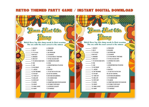 Guess That 60's Slang Game, Retro Birthday Activity, 60s Slang