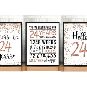 24th Birthday Signs Bundle, Cheers to 24 Years, Hello 24, Happy 24th Birthday, Rose Gold 24th Birthday Signs, 24th Anniversary Signs Pack image 1