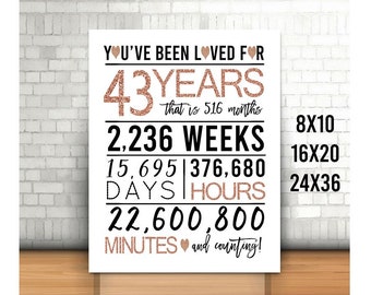 Rose Gold 43rd Birthday Sign, You Have Been Loved For 43 Years Sign, PRINTABLE, Cheers to 43 Years, Happy 43rd birthday, Printable 43rd Sign