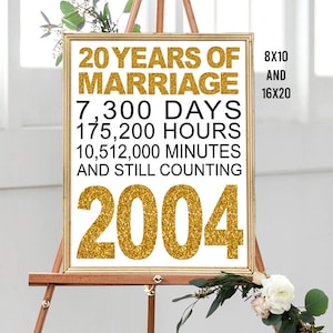 20th Anniversary Sign, 8x10, 16x20, Cheers to 20 Years, 20th Wedding Anniversary, Gold Anniversary Party Decoration, Anniversary décor, 2004