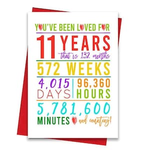 Carte de 11e anniversaire, carte d'anniversaire imprimable, impressions de 11e anniversaire, cartes de voeux à imprimer, 11e anniversaire de l'arc-en-ciel, 11e anniversaire du coeur