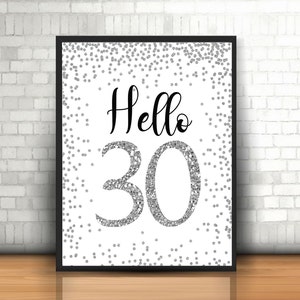Silver Hello 30 Sign, Cheers to 30 Years, 30th Birthday Sign, 30 and Fabulous, Silver Birthday Sign, Happy 30th Birthday, printable 30th