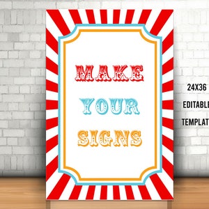 Editable Carnival Party Sign, Printable Circus Welcome Sign, Carnival Birthday Template, Custom Circus Party Sign, Red White Stripy, gift